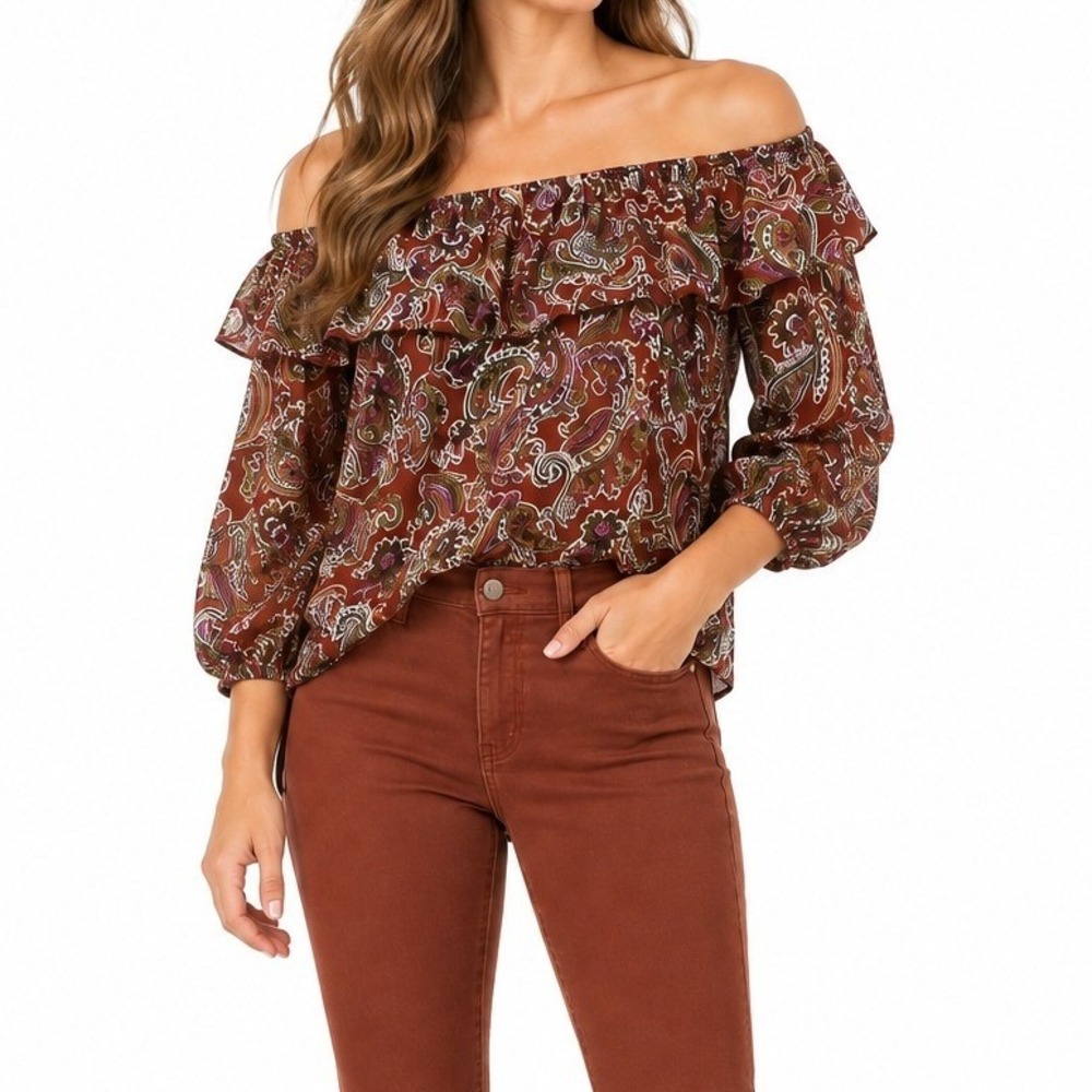 CeCe Paisley Ruffle Off the Shoulder Blouse Women Medium Rust Boho Casual Top